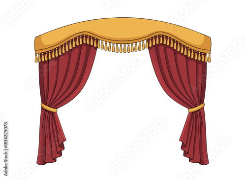 Drapery Red Velvet Curtains With Golden Valance And Tassels On Black Background