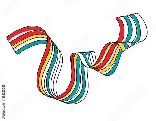 Dynamic Ribbon Shape With Swirling Lines In Red Yellow Teal And White Colors Against Black Background