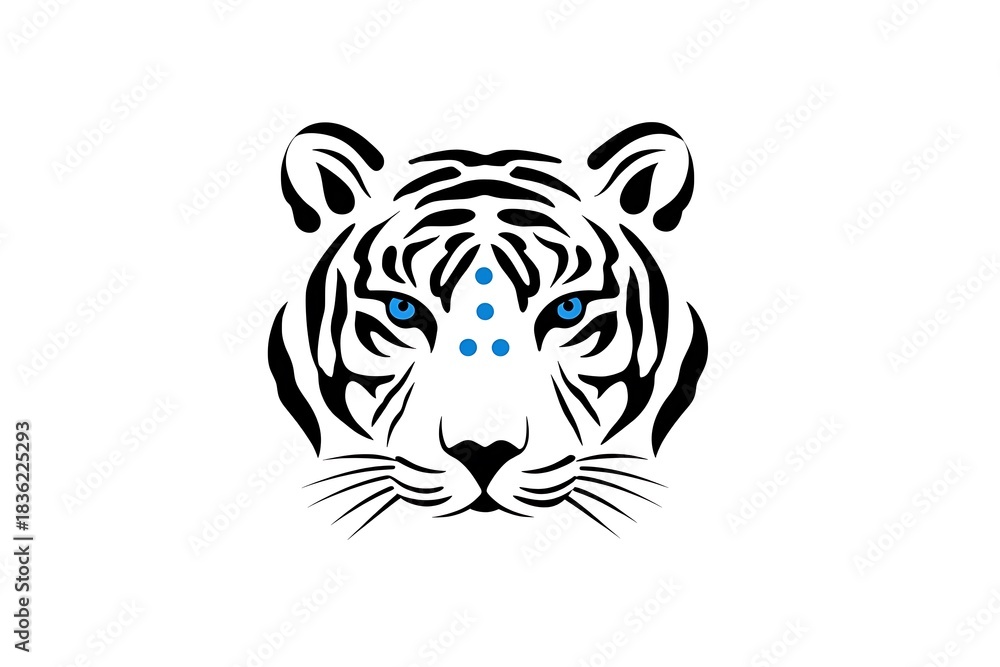Fototapeta premium Striking White Tiger Face with Blue Eyes and Intricate Design Elements for Art and Wildlife Themes