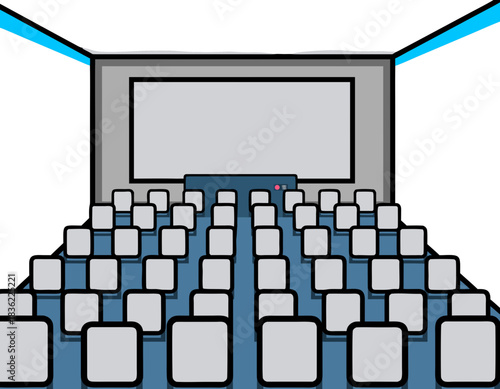 Empty Classroom Auditorium With Rows Of Gray Chairs Facing A Large Projection Screen And A Teacher's Desk Under Blue Fluorescent Lighting