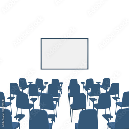 Empty Classroom With Rows Of Blue Chairs And A White Projection Screen On A Black Wall With Wooden Furniture And A Clock Visible Soft Color Palette And Clean Design