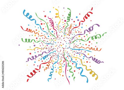 Explosion Of Colorful Confetti And Streamers In A Radial Burst Against A Black Background Celebrating A Festive Event
