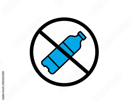 Flat vector illustration of a blue plastic bottle with a red diagonal line across it indicating a prohibition sign on a white background. Isolated graphic representing no plastic bottles.