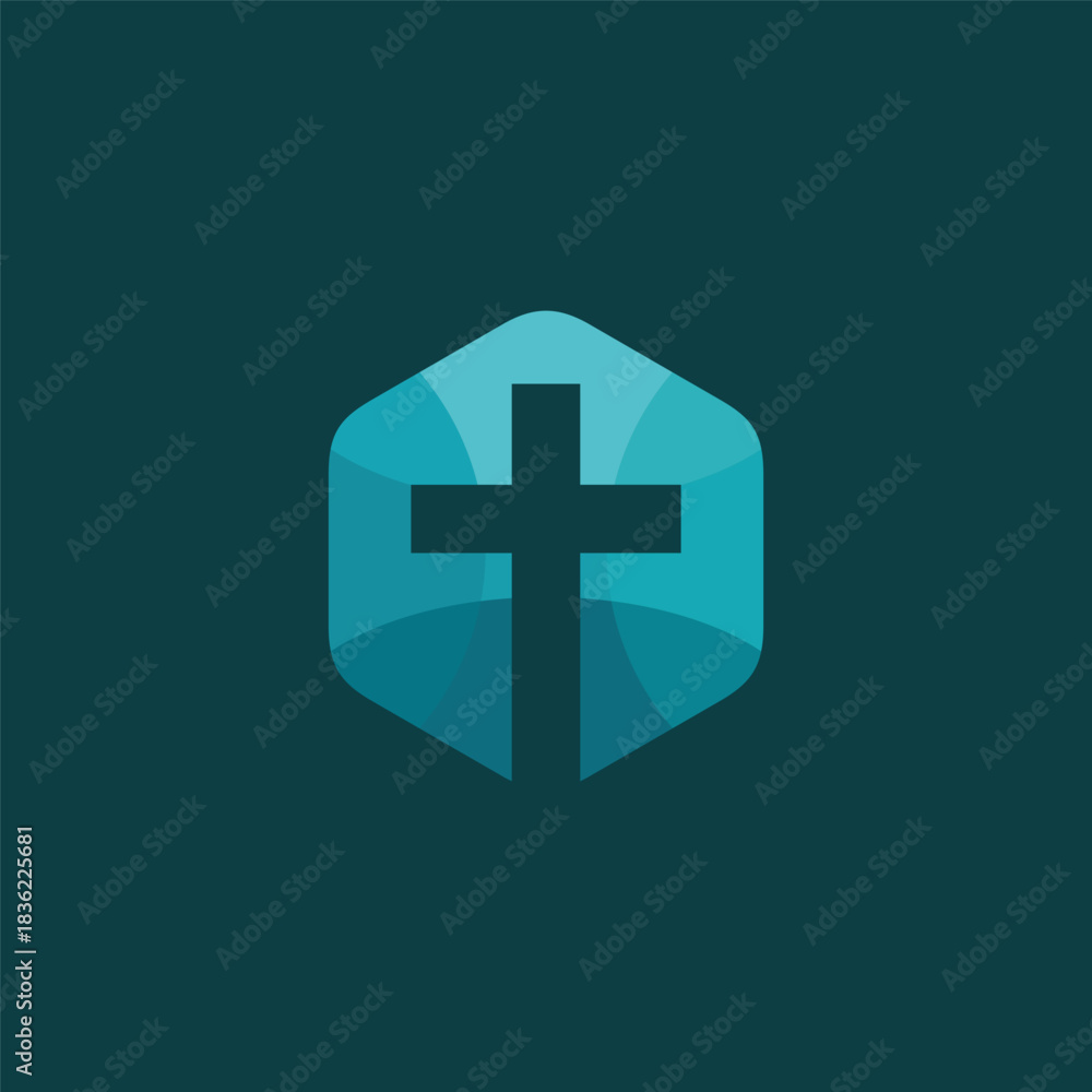Fototapeta premium Abstract Christian cross symbol integrated into a modern geometric hexagon shape, representing faith, spirituality, and divine guidance with a clean, minimalist design aesthetic