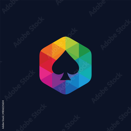 Vibrant geometric hexagon logo featuring a bold black spade symbol, filled with a dynamic rainbow gradient. This modern graphic design embodies concepts of gaming, luck, and creative identity