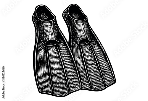 Vintage engraved illustration of a pair of diving flippers — stock vector.