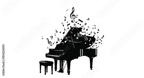 Elegant grand piano with musical notes swirling upwards, evoking a sense of harmonious melody.