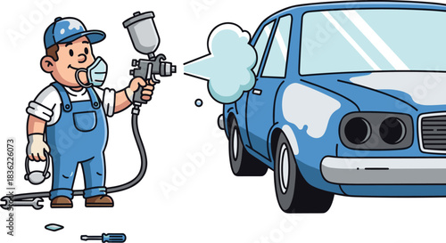 Auto technician spray painting car cartoon illustration, symbolic restoration gesture and expressive repair service artwork for design