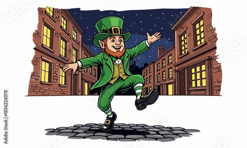 Vibrant cartoon of a joyful leprechaun dancing a lively jig on a nighttime cobblestone street, embodying the spirit of Irish celebration and festive folklore