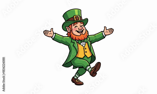 A cheerful cartoon leprechaun character with a red beard, wearing a traditional green suit and top hat for a St. Patrick's Day celebration