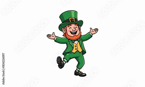 A cheerful and energetic cartoon leprechaun character joyfully celebrating with open arms, embodying Irish folklore and St. Patrick's Day spirit and traditions