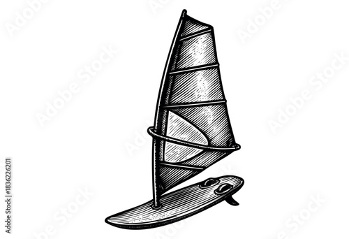 Vintage engraved illustration of a windsurf board with sail — stock vector.