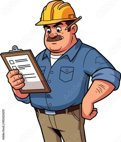 Construction inspector cartoon illustration, symbolic oversight gesture and expressive project management artwork for design and safety education