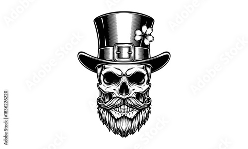 Grayscale graphic of a stylish skull character adorned with a classic top hat, a lucky four-leaf clover, and a full, vintage beard and mustache, offering a blend of mystery and charm