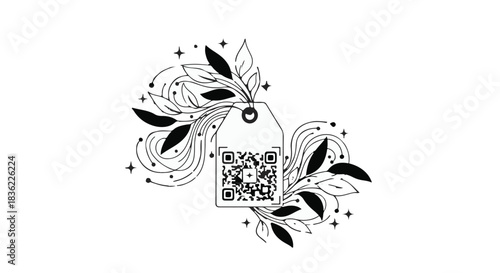 Decorative tag with QR code and organic floral elements, symbolizing modern connection and nature