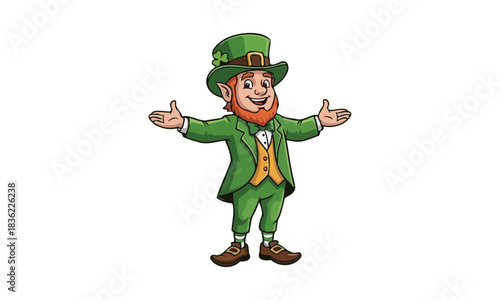 Charming cartoon leprechaun character in a green suit and top hat with arms open, isolated on a white background