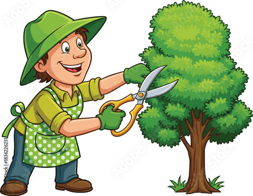 Cheerful gardener trimming tree cartoon illustration, symbolic care gesture and expressive landscaping artwork for design and sustainability