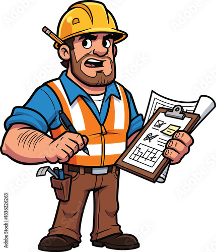 Construction inspector cartoon illustration, symbolic planning gesture and expressive safety checklist artwork for design and project management