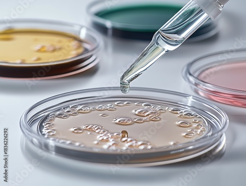 Macro detail of colored creams in petri dishes and vibrant human hair samples on glass plate, with dropper adding liquid. For cosmetic research, haircare testing, or laboratory concept.