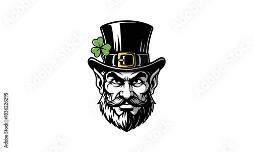 Stylized folklore character illustration a distinguished face with beard, top hat, and lucky four-leaf clover, conveying mystical charm and good fortune