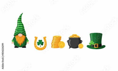 St Patrick's Day Decorations A festive collection featuring a leprechaun, gold coins, and lucky symbols