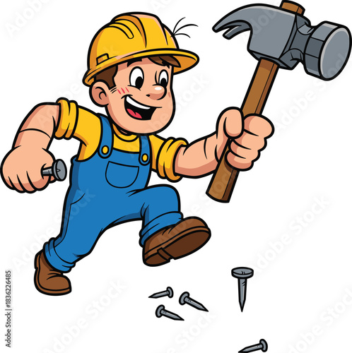 Construction worker with hammer and nail cartoon illustration, symbolic action gesture and expressive labor momentum artwork for design