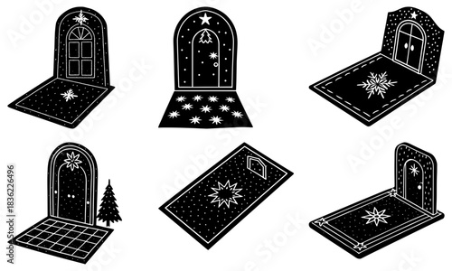 Illustration of various arched doorways with stars and geometric patterns in black and white style