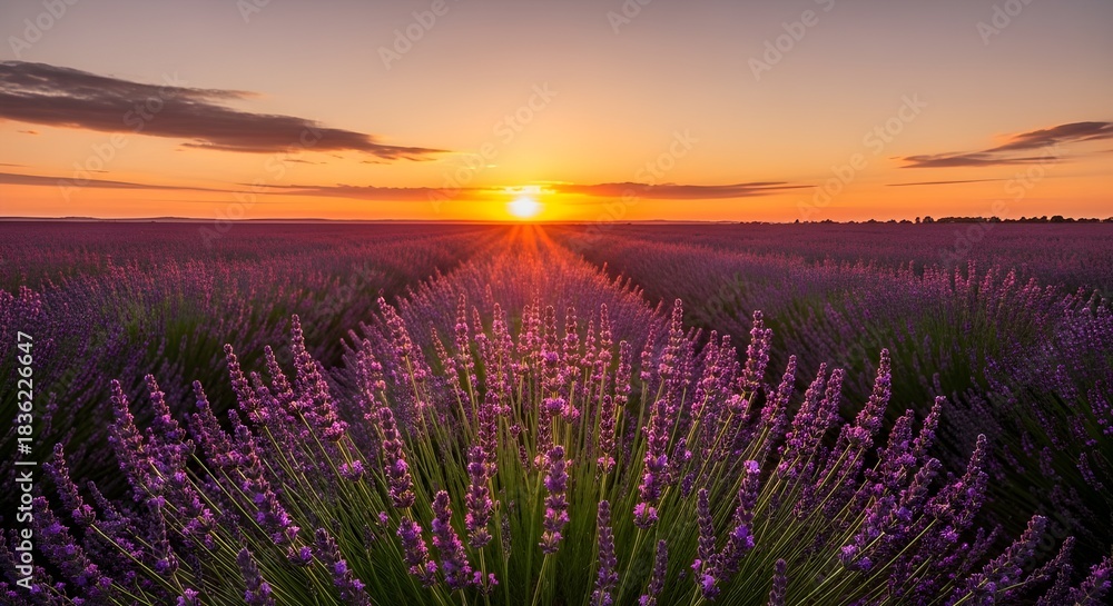 Fototapeta premium Golden sunset over a vast lavender field