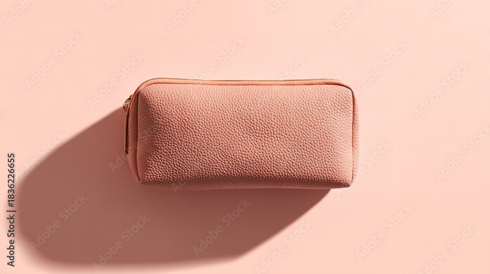 Obraz premium A textured pink cosmetic bag lies flat on a pink surface