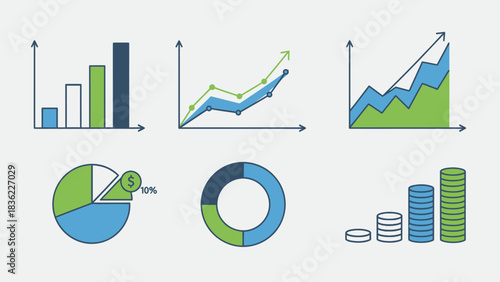 A collection of six distinct flat design infographic icons representing various types of financial and business data visualizations.