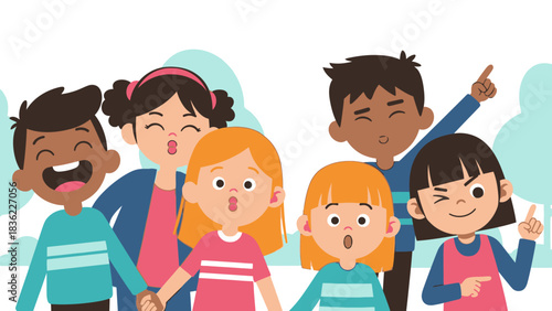 A diverse group of six happy children, three boys and three girls, smiling and interacting together in a cheerful setting.
