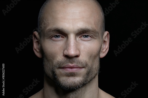 Bald man with serious expression against black background