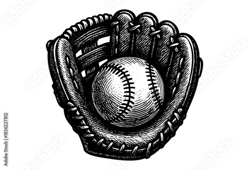 Vintage engraved illustration of a baseball glove holding a ball — stock vector.