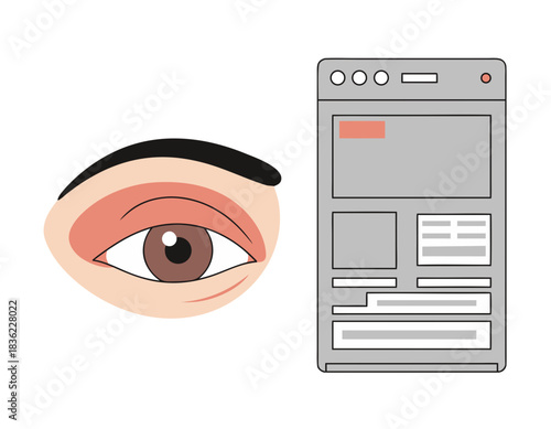 Illustration of A Single Human Eye with Pinkish Eyeshadow Next to A Grey Web Browser Window Displaying Content Layouts On A Black Background