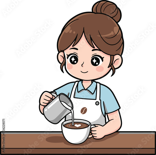 Cartoon barista pouring milk into coffee cup with heart design.