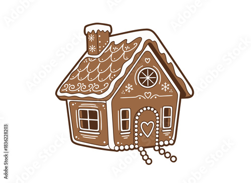 Gingerbread House Decorated With White Icing Sugar And Snow On Black Background