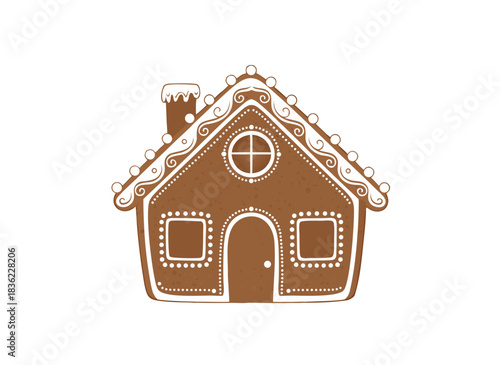 Gingerbread House decorated with white icing and small lights on a black background