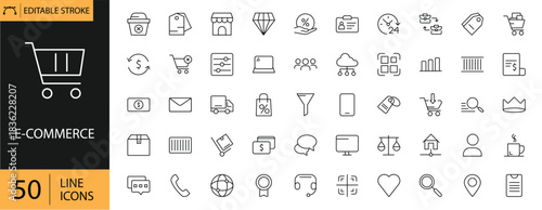 E-commerce icons set. Includes symbols of online shopping, carts, payments, delivery, storefronts, discounts, and digital transactions. Editable stroke. Vector illustration. Outline icons.