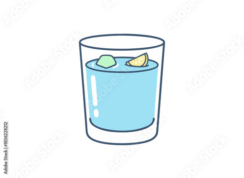 Glass Of Blue Liquid With Ice Cubes And Lemon Slice Centered Isolated On Black Background Simple Flat Illustration