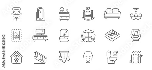 Furniture line icons collection. Interior items concept. Appliances, decoration set of outline symbols or signs