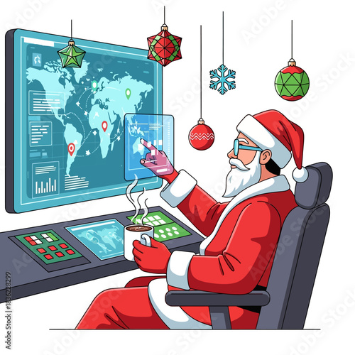 Tech-savvy Santa Claus analyzes real-time worldwide delivery data on a vibrant holographic screen in a flat 2D vector scene, surrounded by floating Christmas ornaments and plenty of copy space.