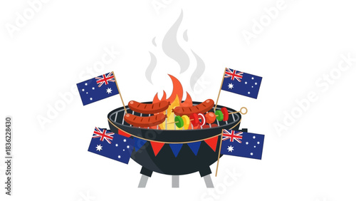 A Barbecue with Australian Flags and Sausages on a Grill