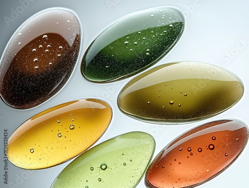 Abstract close-up of floating oval glass petals in green, brown, and yellow with water droplets on grey background, artistic and serene for creative projects, backgrounds, or decorative designs.