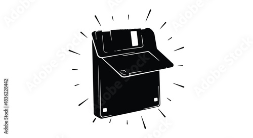 Retro floppy disk drive illustration with radiating lines, symbolizing data storage and technology.