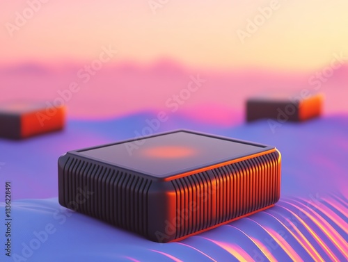 Creative 3D Render of Isometric Orange Black Hard Drive on Gradient Background, Futuristic Minimalist Style for Technology, Digital Theme Design and Abstract Concept.