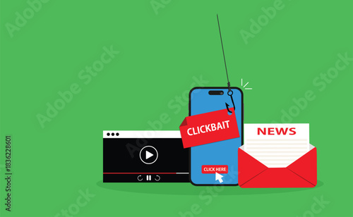 Clickbait message.Clickbait concept with smartphone and fishing hook on message
