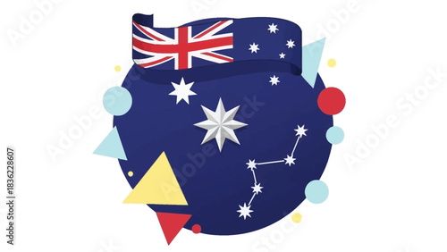 Vibrant illustration celebrating Australian national identity and pride, featuring the iconic flag, the Southern Cross constellation, and abstract elements on a blue background