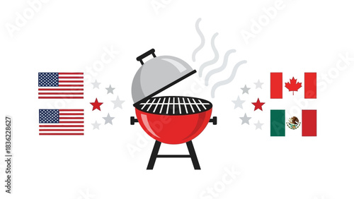 North American Unity Barbecue Celebration A Vibrant Illustration Featuring a Smoking Grill and Flags from the United States, Canada, and Mexico, Perfect for Summer Events and Friendship Themes