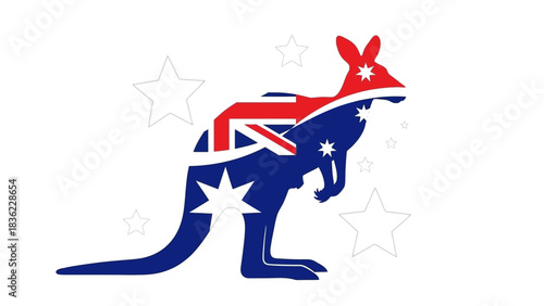 Australian Kangaroo Silhouette with Flag Design and Stars Element - Patriotic Emblem