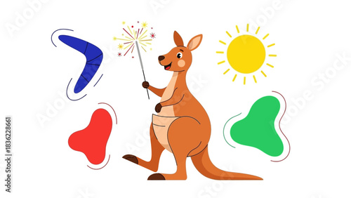 Whimsical Australian Kangaroo Celebrating with Sparklers, Boomerangs, and Sunshine in Cartoon Style